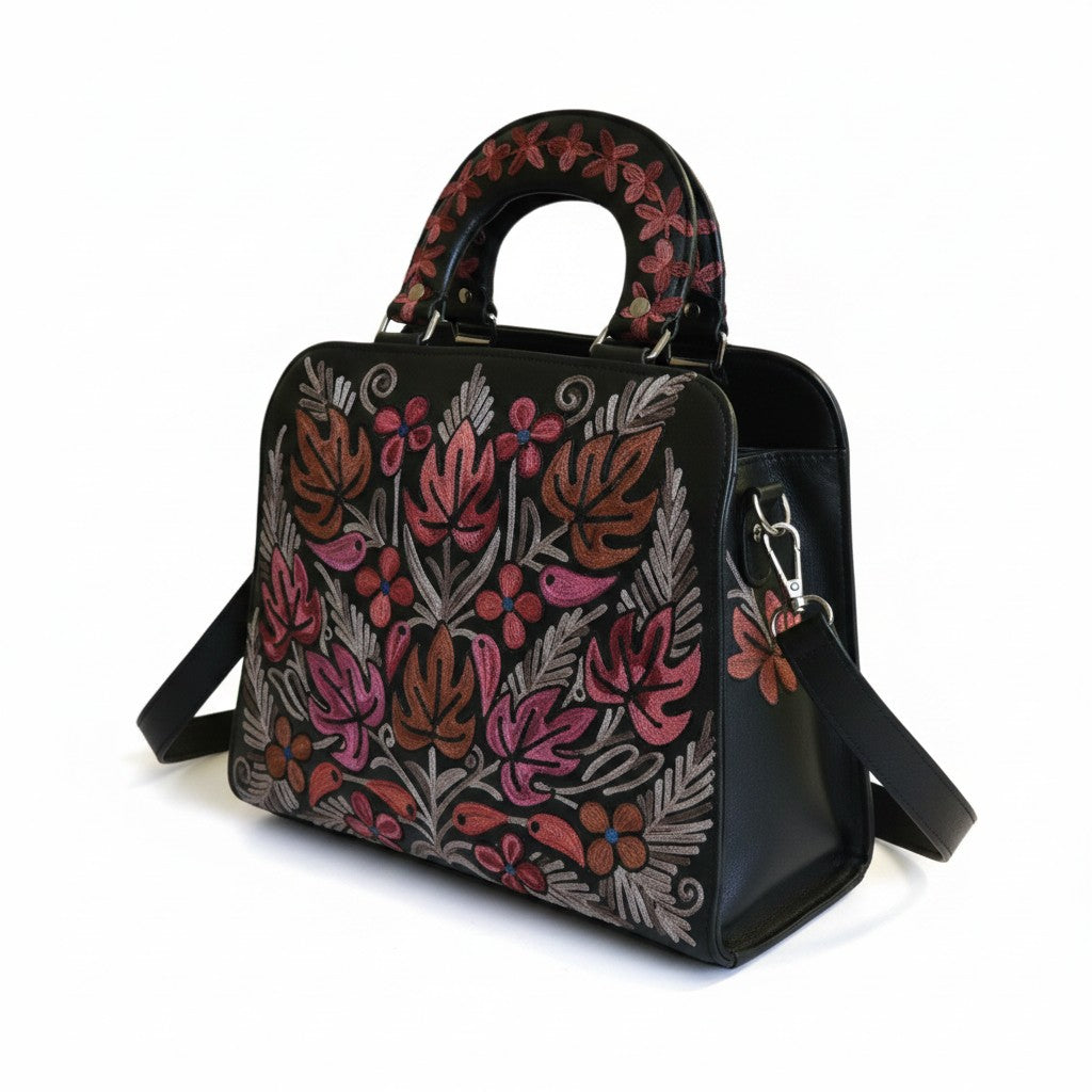 Women Leather Bag With Strap With Gorgeous Kashmiri Embroidery - Black