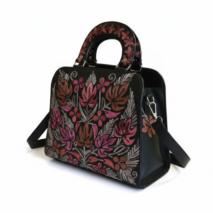 Women Leather Bag With Strap With Gorgeous Kashmiri Embroidery - Black
