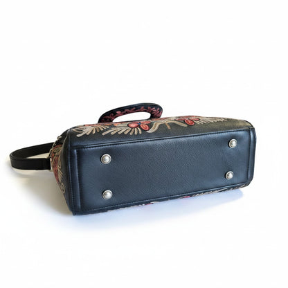 Women Leather Bag With Strap With Gorgeous Kashmiri Embroidery - Black