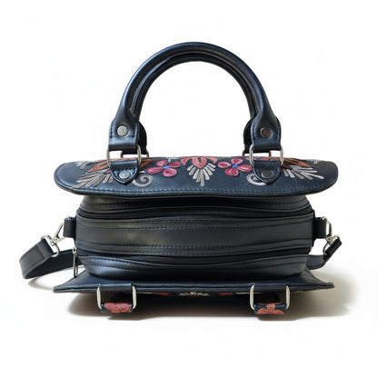 Women Leather Bag With Strap With Gorgeous Kashmiri Embroidery - Black