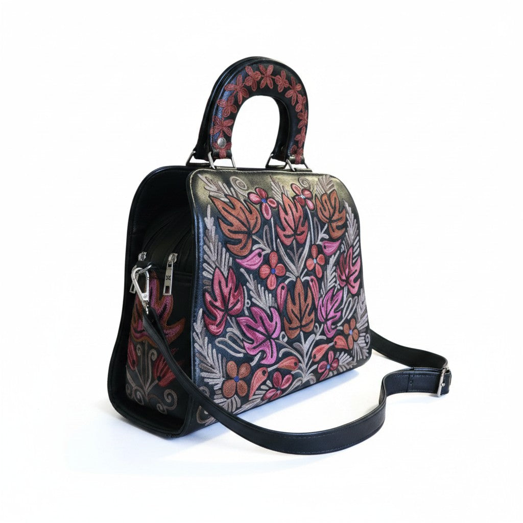 Women Leather Bag With Strap With Gorgeous Kashmiri Embroidery - Black