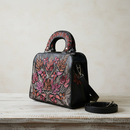 Women Leather Bag With Strap With Gorgeous Kashmiri Embroidery - Black