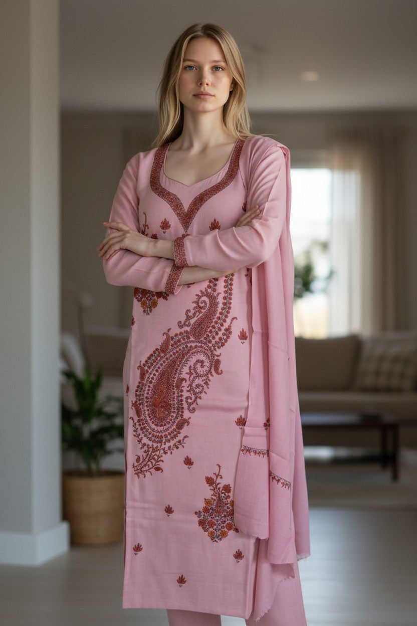 Women Woolen Kashmiri Suits Semi Pashmina Sozni Embroidery  - Pink