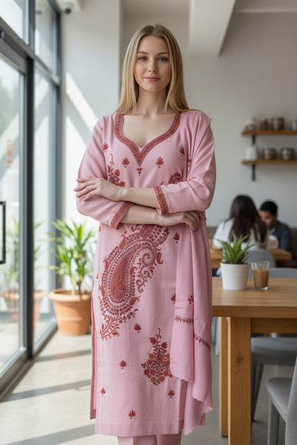 Women Woolen Kashmiri Suits Semi Pashmina Sozni Embroidery  - Pink