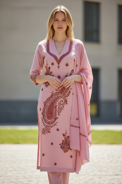 Women Woolen Kashmiri Suits Semi Pashmina Sozni Embroidery  - Pink
