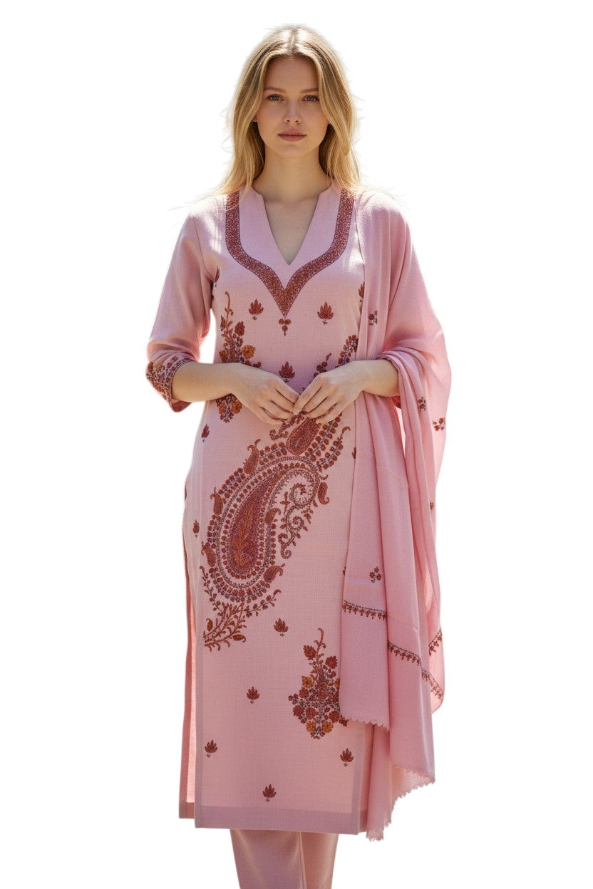 Women Woolen Kashmiri Suits Semi Pashmina Sozni Embroidery  - Pink