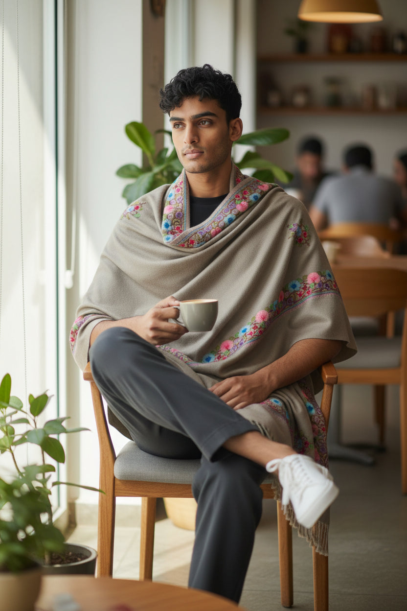 Kashmiri Wool Shawl for Men | Handcrafted Embroidery | Soft & Warm Winter Shawl | Traditional Ethnic Men’s Wrap - Sea Green