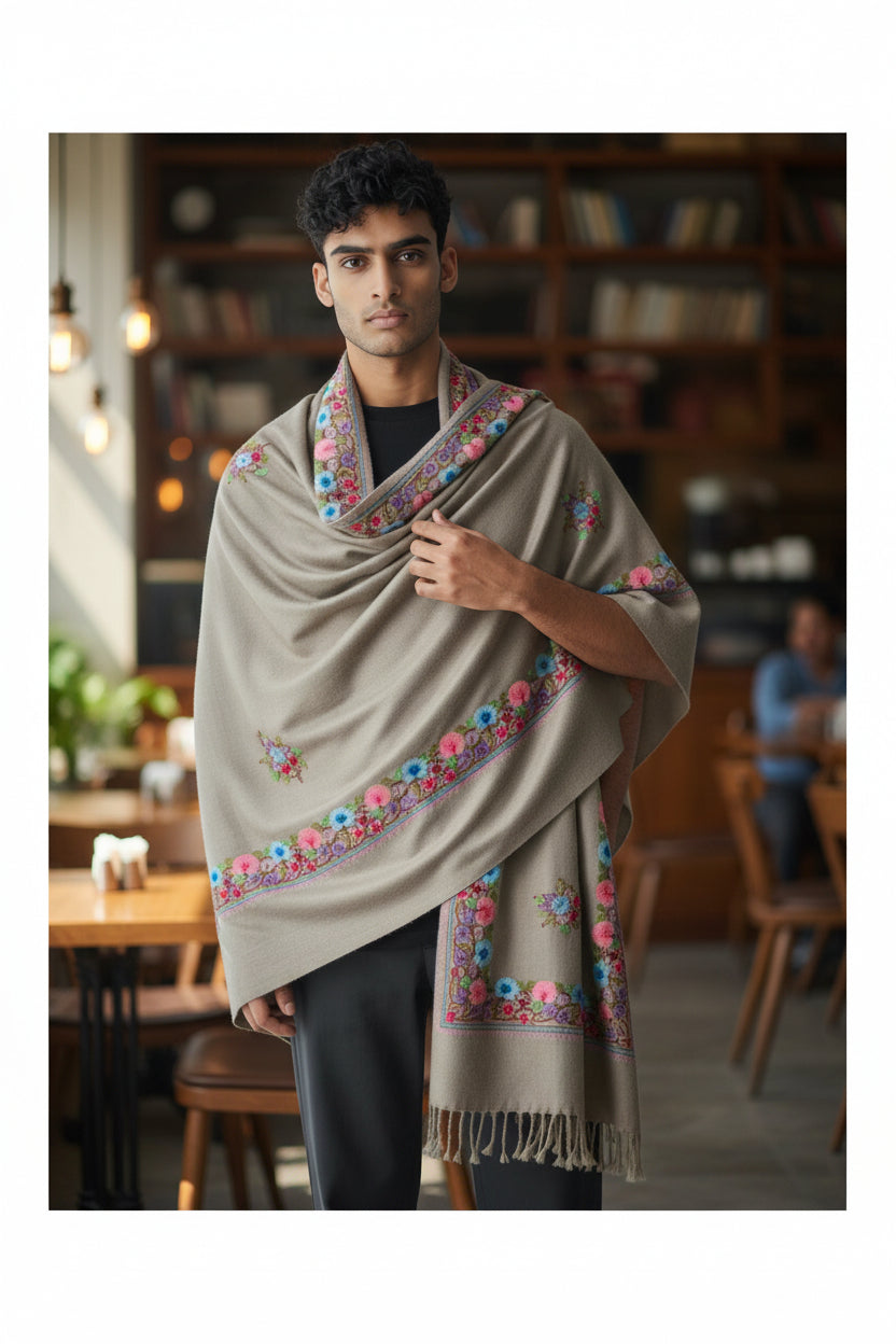Kashmiri Wool Shawl for Men | Handcrafted Embroidery | Soft & Warm Winter Shawl | Traditional Ethnic Men’s Wrap - Sea Green