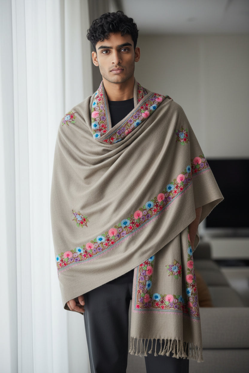 Kashmiri Wool Shawl for Men | Handcrafted Embroidery | Soft & Warm Winter Shawl | Traditional Ethnic Men’s Wrap - Sea Green