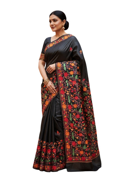 Women's Silk Sarees with Kashmiri Aari Embroidery | Stylish Saree with Unstitched Blouse Pieces. - Black3