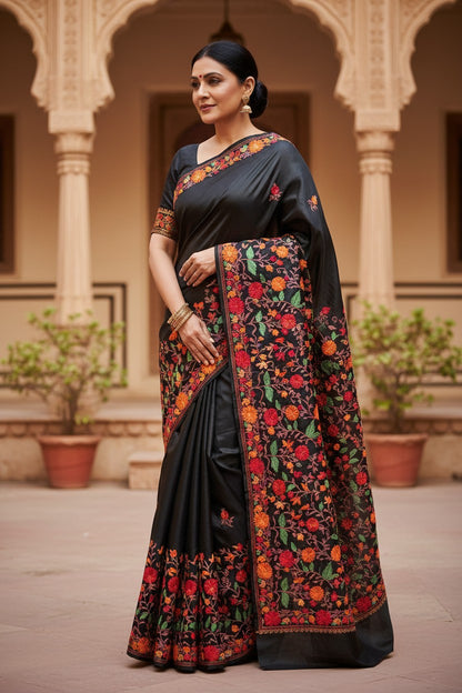 Women's Silk Sarees with Kashmiri Aari Embroidery | Stylish Saree with Unstitched Blouse Pieces. - Black3