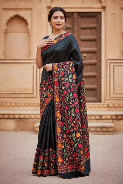 Women's Silk Sarees with Kashmiri Aari Embroidery | Stylish Saree with Unstitched Blouse Pieces. - Black3