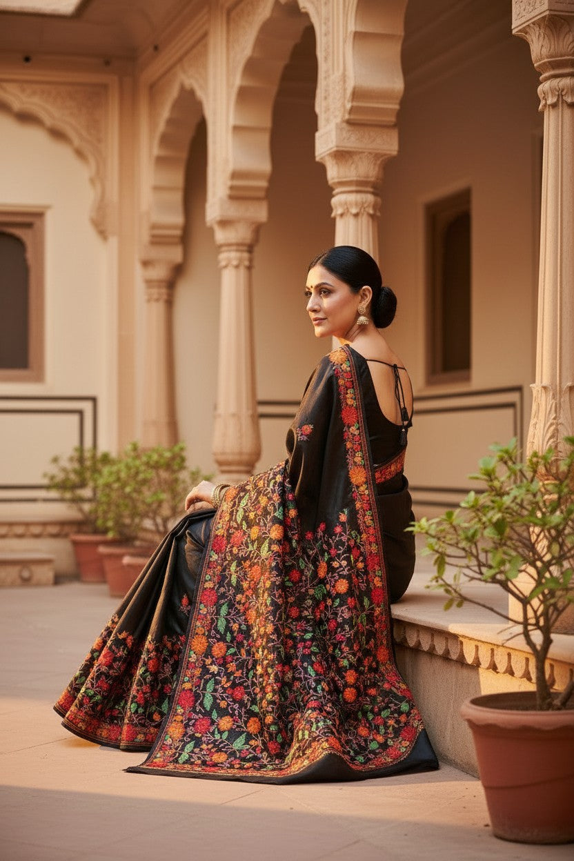 Women's Silk Sarees with Kashmiri Aari Embroidery | Stylish Saree with Unstitched Blouse Pieces. - Black3