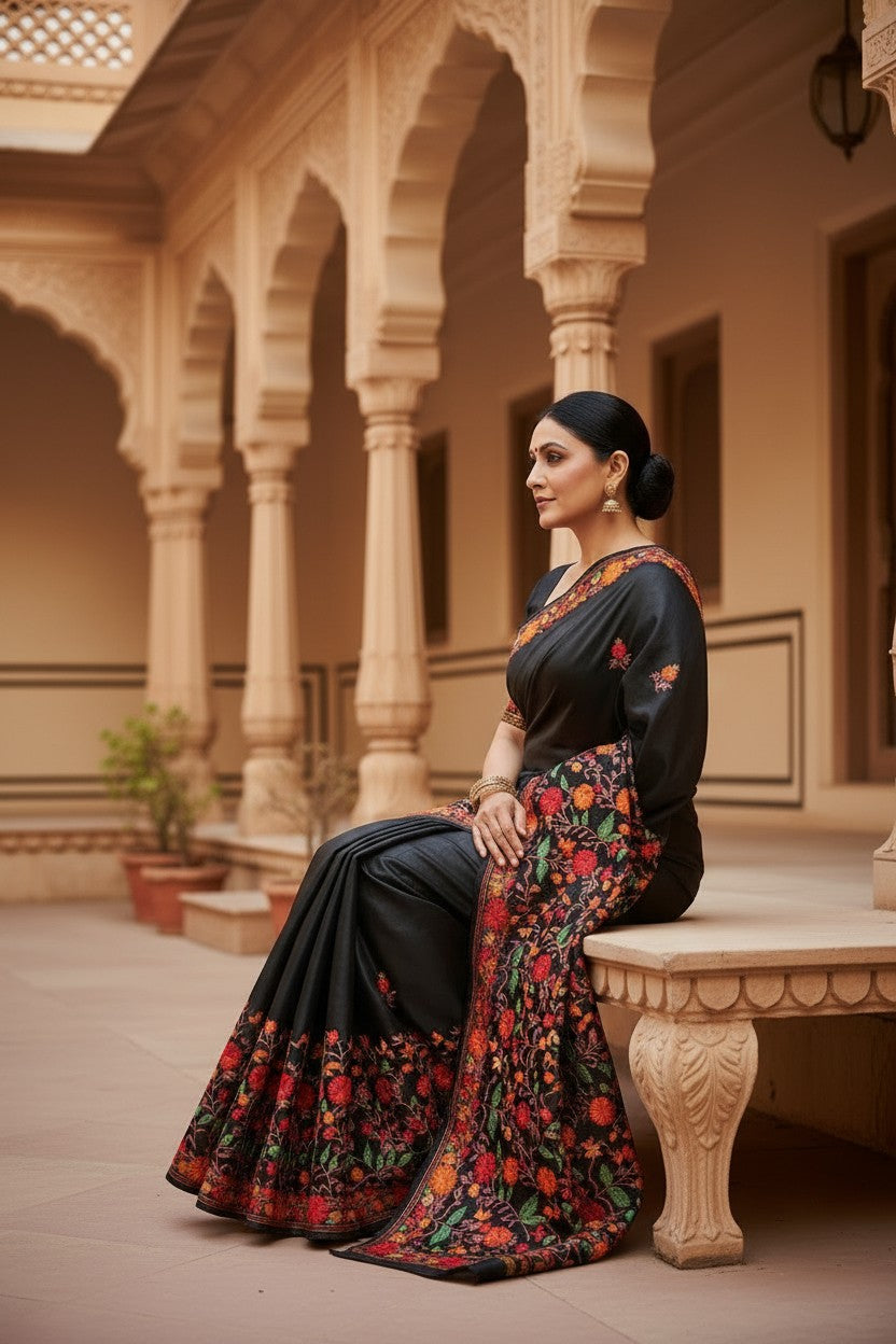 Women's Silk Sarees with Kashmiri Aari Embroidery | Stylish Saree with Unstitched Blouse Pieces. - Black3