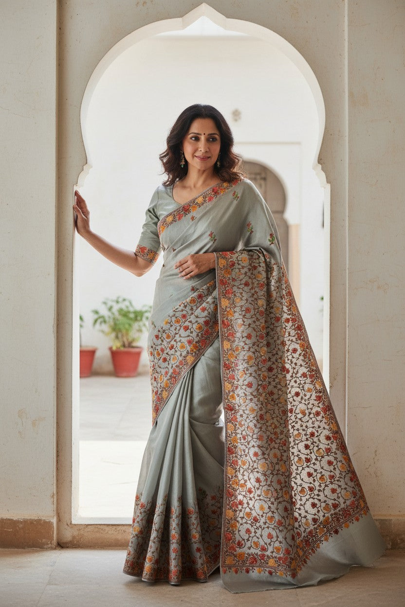 Women's Silk Sarees with Kashmiri Aari Embroidery | Stylish Saree with Unstitched Blouse Pieces. - Light Green