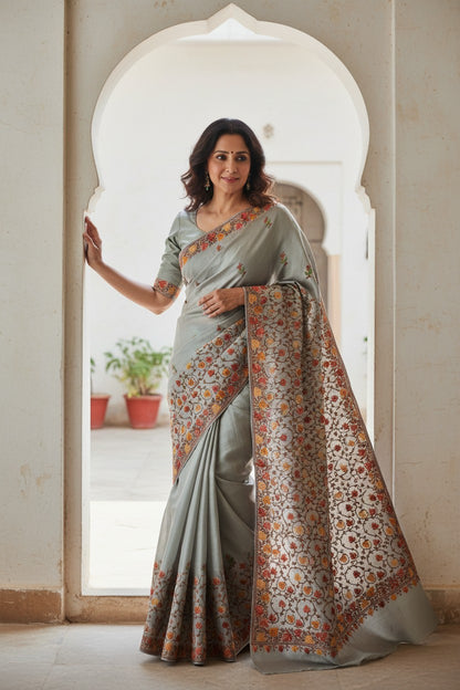Women's Silk Sarees with Kashmiri Aari Embroidery | Stylish Saree with Unstitched Blouse Pieces. - Light Green