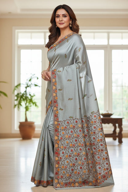 Women's Silk Sarees with Kashmiri Aari Embroidery | Stylish Saree with Unstitched Blouse Pieces. - Light Green