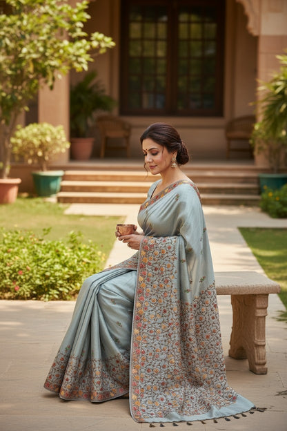 Women's Silk Sarees with Kashmiri Aari Embroidery | Stylish Saree with Unstitched Blouse Pieces. - Light Green