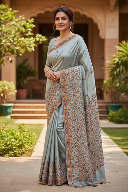 Women's Silk Sarees with Kashmiri Aari Embroidery | Stylish Saree with Unstitched Blouse Pieces. - Light Green