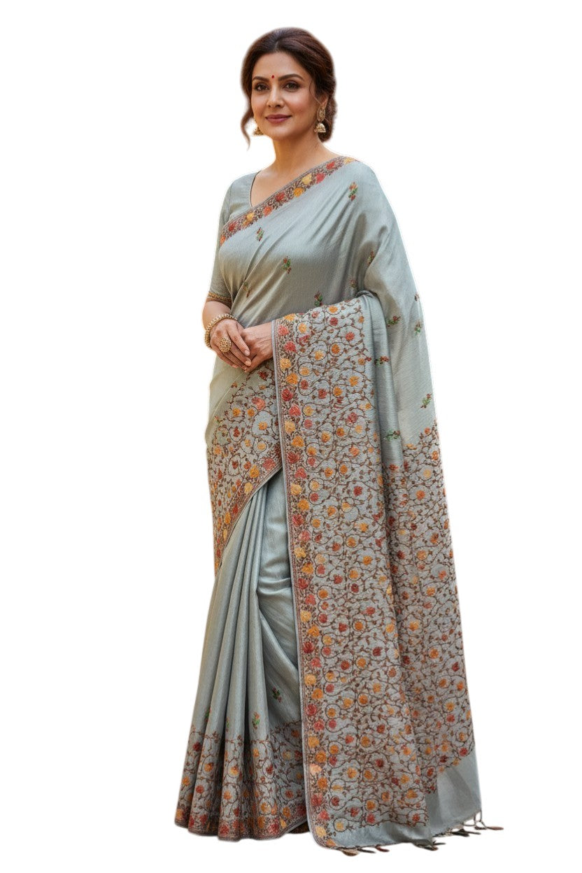 Women's Silk Sarees with Kashmiri Aari Embroidery | Stylish Saree with Unstitched Blouse Pieces. - Light Green