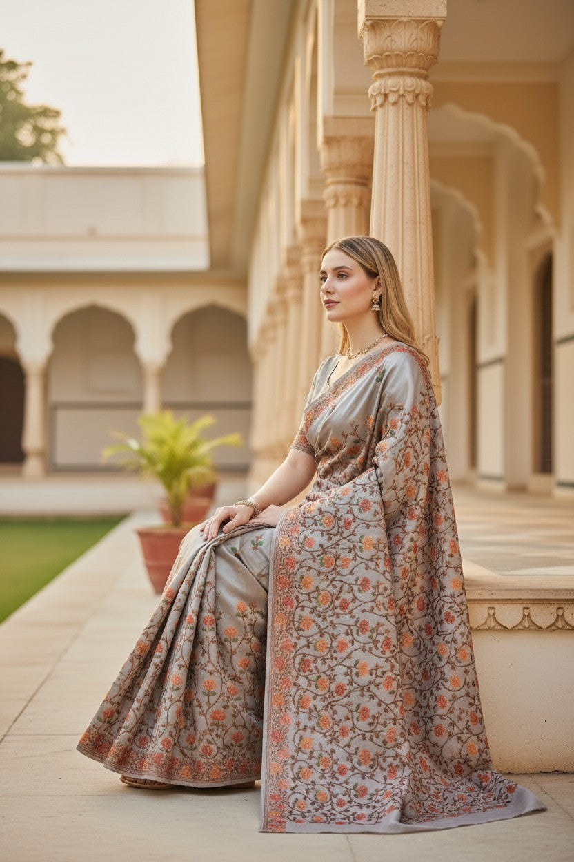 Women's Sarees with Kashmiri Aari Embroidery | Silk Saree with Unstitched Blouse Pieces. -  Light Green
