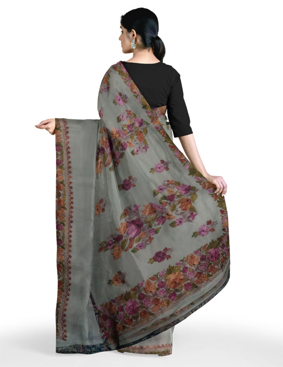 Women's Silk Sarees Embroidered with Kashmiri Aari work | Stylish Saree with Unstitched Blouse Pieces. (Geogrette_Beige-3)