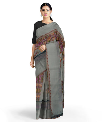 Women's Silk Sarees Embroidered with Kashmiri Aari work | Stylish Saree with Unstitched Blouse Pieces. (Geogrette_Beige-3)