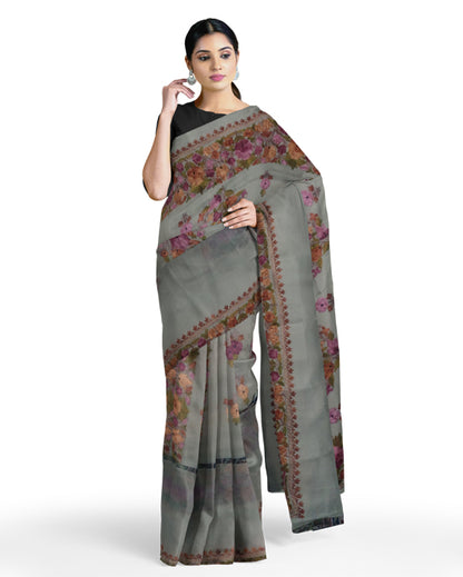 Women's Silk Sarees Embroidered with Kashmiri Aari work | Stylish Saree with Unstitched Blouse Pieces. (Geogrette_Beige-3)
