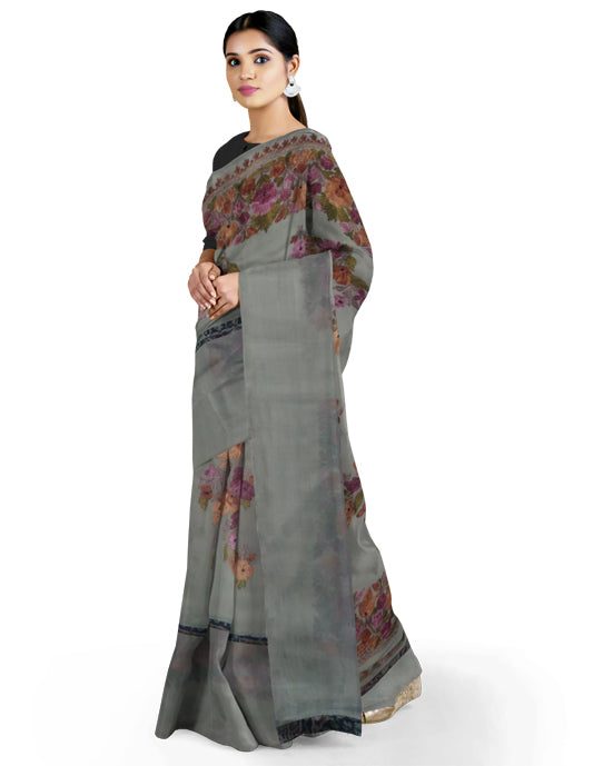 Women's Silk Sarees Embroidered with Kashmiri Aari work | Stylish Saree with Unstitched Blouse Pieces. (Geogrette_Beige-3)