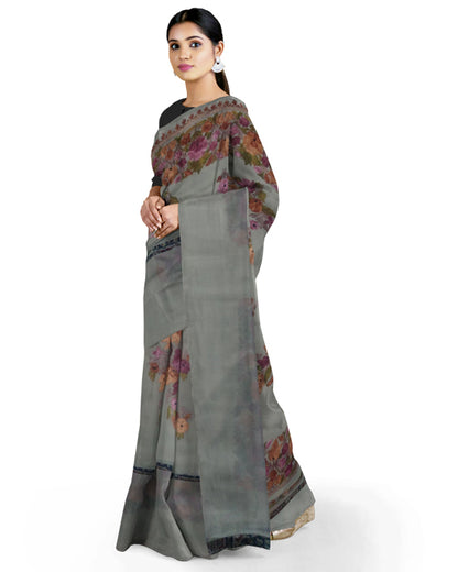 Women's Silk Sarees Embroidered with Kashmiri Aari work | Stylish Saree with Unstitched Blouse Pieces. (Geogrette_Beige-3)