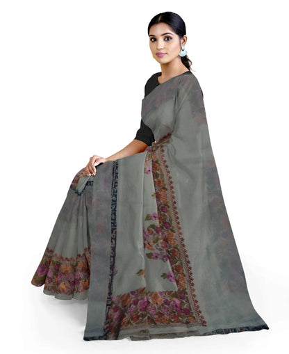 Women's Silk Sarees Embroidered with Kashmiri Aari work | Stylish Saree with Unstitched Blouse Pieces. (Geogrette_Beige-3)