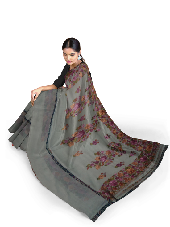 Women's Silk Sarees Embroidered with Kashmiri Aari work | Stylish Saree with Unstitched Blouse Pieces. (Geogrette_Beige-3)
