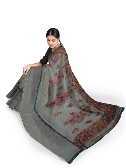 Women's Silk Sarees Embroidered with Kashmiri Aari work | Stylish Saree with Unstitched Blouse Pieces. (Geogrette_Beige-3)