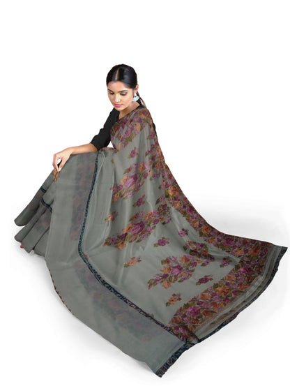 Women's Silk Sarees Embroidered with Kashmiri Aari work | Stylish Saree with Unstitched Blouse Pieces. (Geogrette_Beige-3)