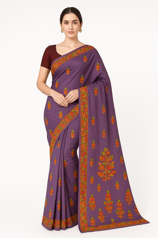 Women's georgette Sarees Embroidered with Kashmiri Aari work | Stylish Saree with Unstitched Blouse Pieces. (Geogrette_purple 1)