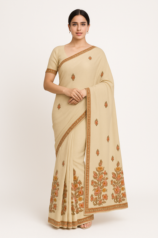 Women's georgette Sarees Embroidered with Kashmiri Aari work | Stylish Saree with Unstitched Blouse Pieces. (Geogrette_Beige-3)