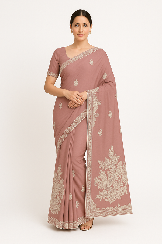 Women's georgette Sarees Embroidered with Kashmiri Aari work | Stylish Saree with Unstitched Blouse Pieces. (Geogrette_pink 4)