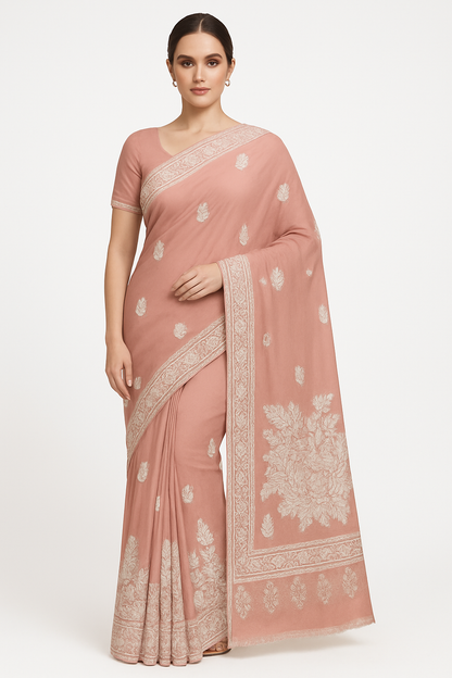 Women's georgette Sarees Embroidered with Kashmiri Aari work | Stylish Saree with Unstitched Blouse Pieces. (pink)