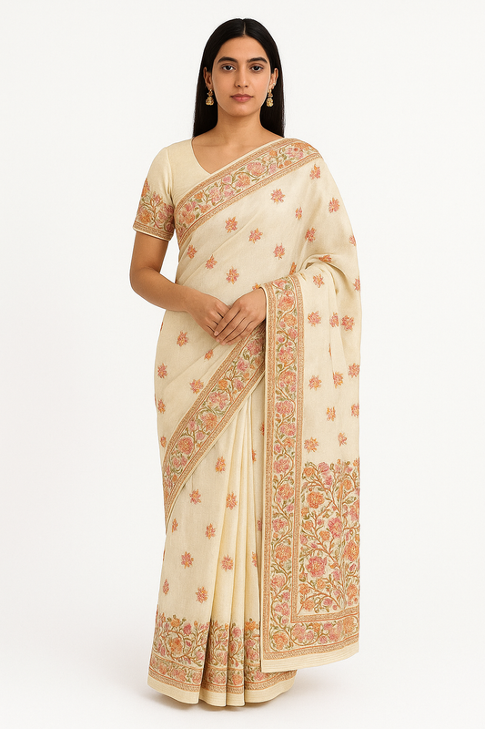 Women's Silk Sarees Embroidered with Kashmiri Aari work | Stylish Saree with Unstitched Blouse Pieces-Maize