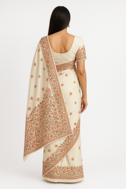 Women's Silk Sarees Embroidered with Kashmiri Aari work | Stylish Saree with Unstitched Blouse Pieces-White