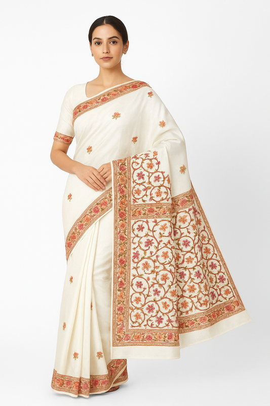 Women's Silk Sarees Embroidered with Kashmiri Aari work | Stylish Saree with Unstitched Blouse Pieces-White