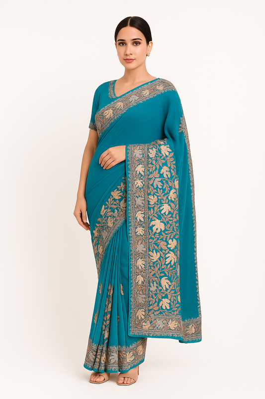 Women's Silk Sarees Embroidered with Kashmiri Aari work | Stylish Saree with Unstitched Blouse Pieces. (blue-4)