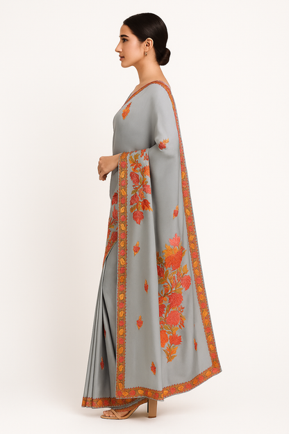 Women's Silk Sarees Embroidered with Kashmiri Aari work | Stylish Saree with Unstitched Blouse Pieces. Grey1
