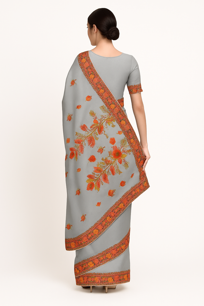 Women's Silk Sarees Embroidered with Kashmiri Aari work | Stylish Saree with Unstitched Blouse Pieces. Grey1