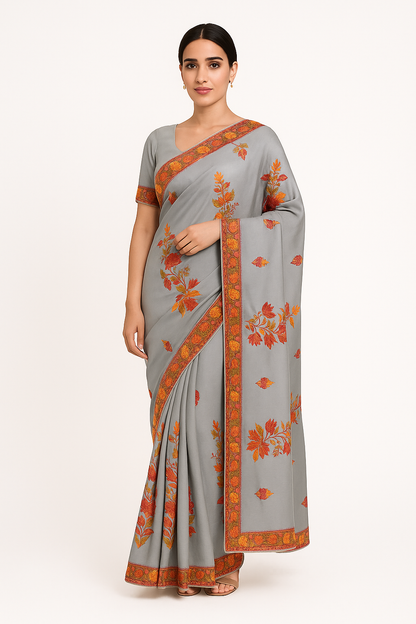 Women's Silk Sarees Embroidered with Kashmiri Aari work | Stylish Saree with Unstitched Blouse Pieces. Grey1