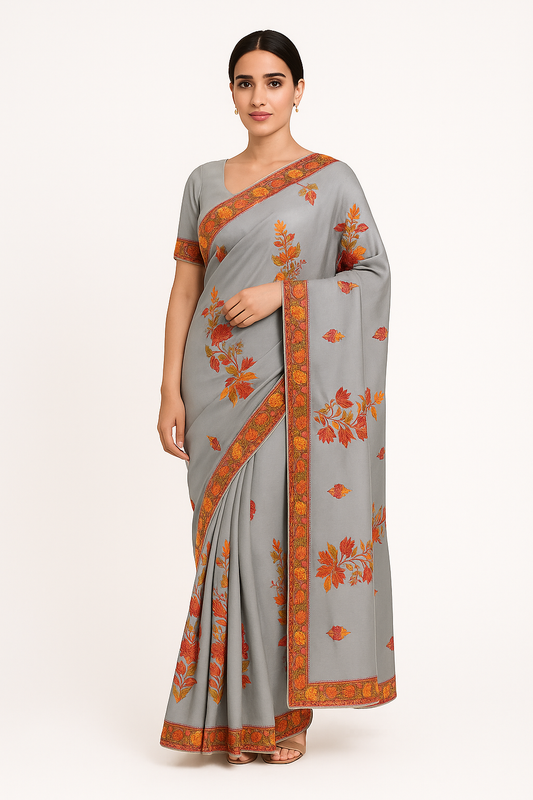 Women's Silk Sarees Embroidered with Kashmiri Aari work | Stylish Saree with Unstitched Blouse Pieces. Grey1