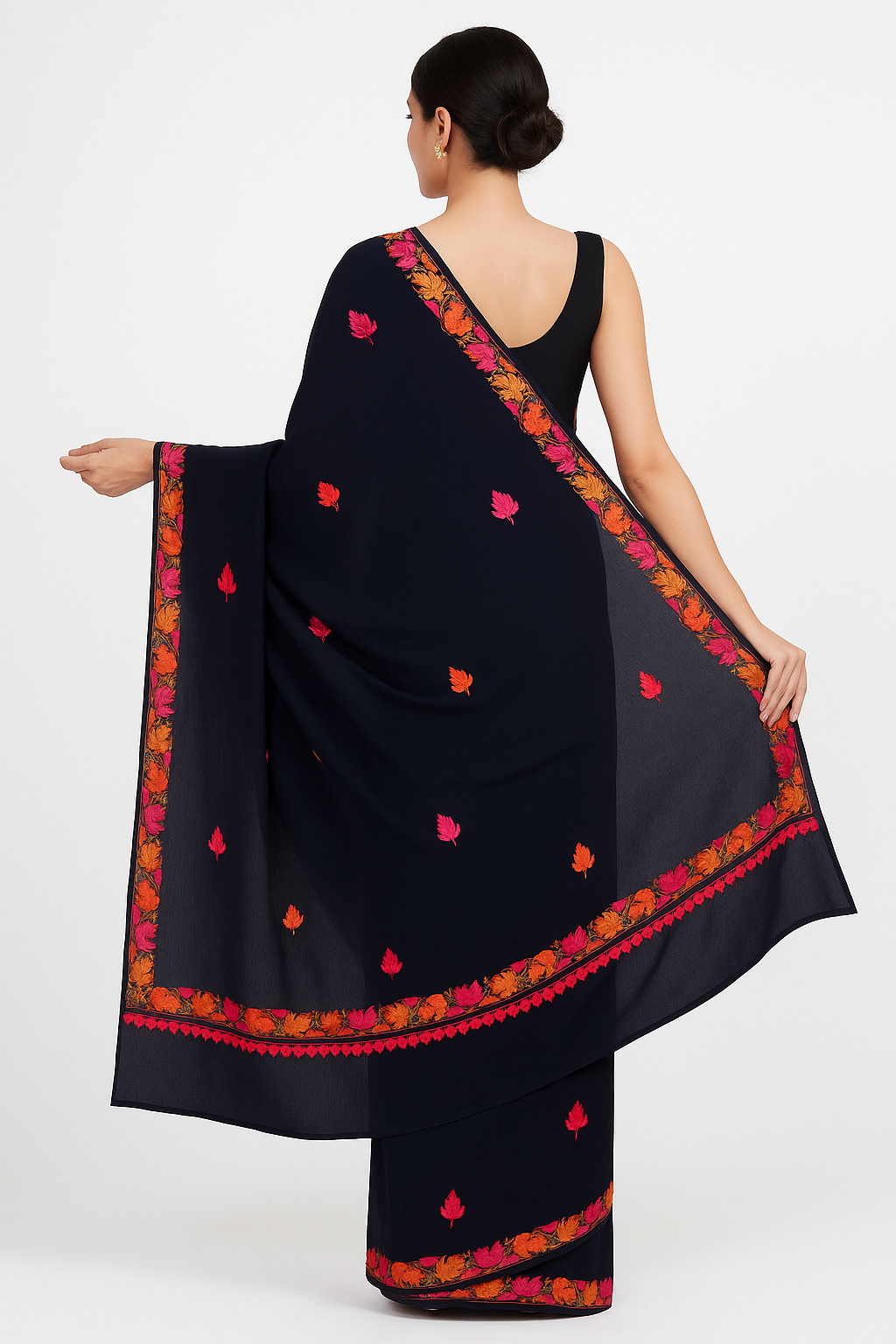 Women's Georgetta Sarees Embroidered with Kashmiri Aari work | Stylish Saree with Unstitched Blouse Pieces-Black