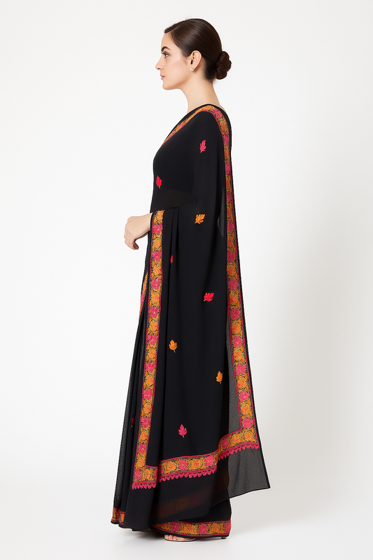 Women's Georgetta Sarees Embroidered with Kashmiri Aari work | Stylish Saree with Unstitched Blouse Pieces-Black