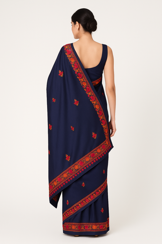 Women's Silk Sarees Embroidered with Kashmiri Aari work | Stylish Saree with Unstitched Blouse Pieces-Blue