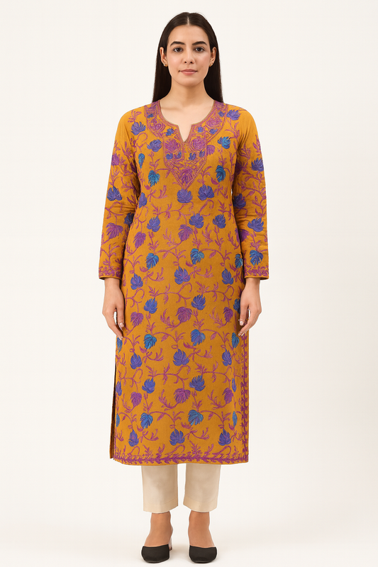 Kashmir Gallery Kashmiri Kurti for Women Cotton Kurti with Embroidery - Mustard